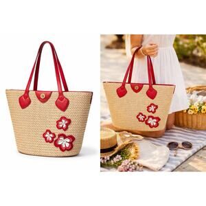 Anne Klein Straw Tote Red Leather Trim Floral Applique Large Summer Bag